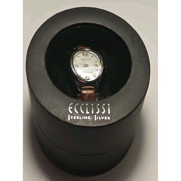 Ecclissi Watch Women Sterling Silver Oval Case Pearl Dial Brown Leather Band - Picture 1 of 11